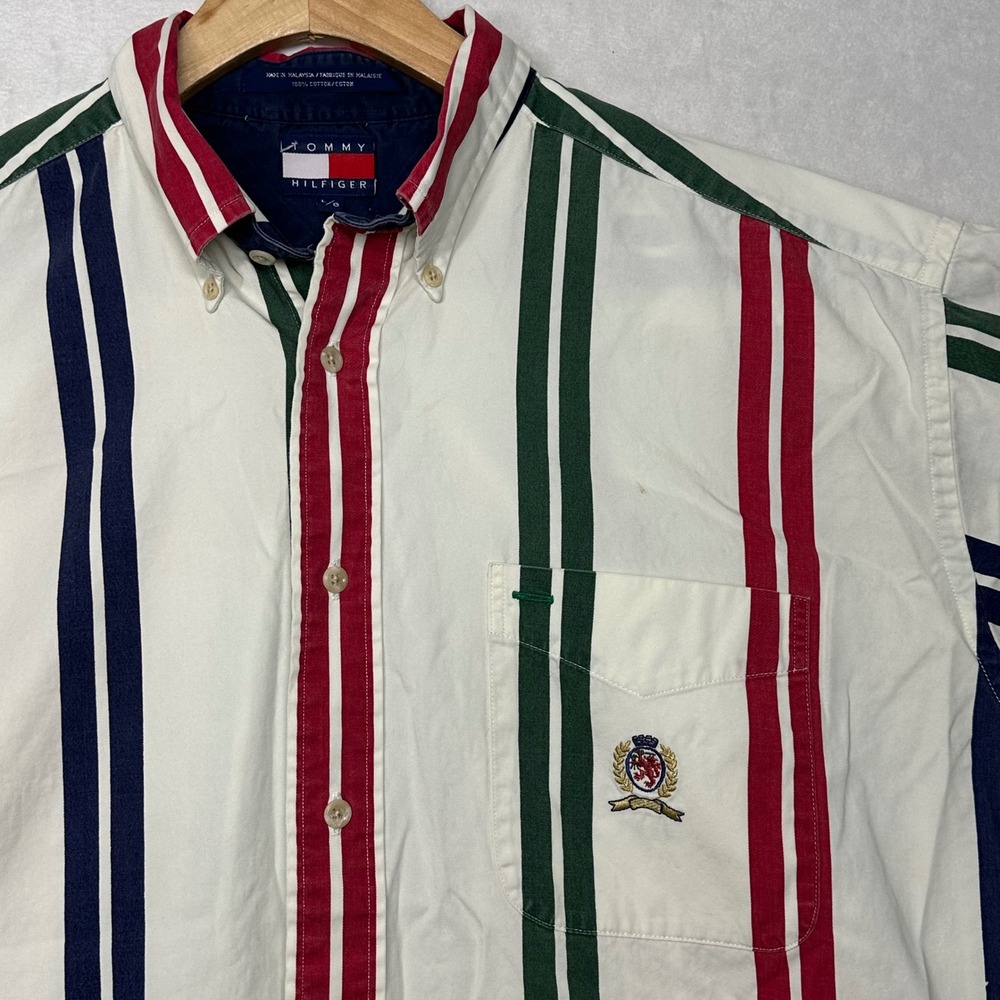 VTG Tommy Hilfiger Men's Striped Short Sleeve Button‎ Up Shirt Size Large
